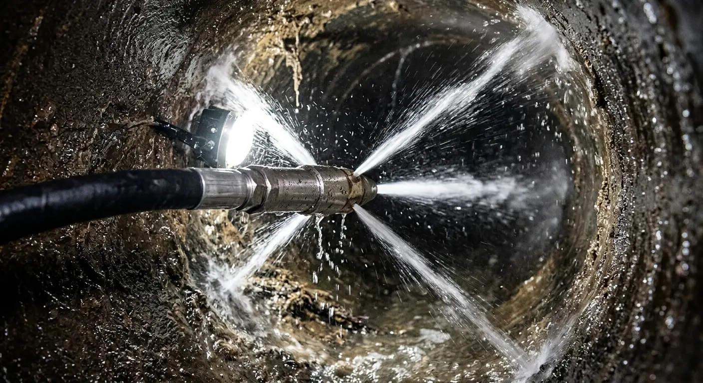 High-pressure hydro jetting nozzle cleaning sewer pipe for Sewer Cleanout in Nebraska City
