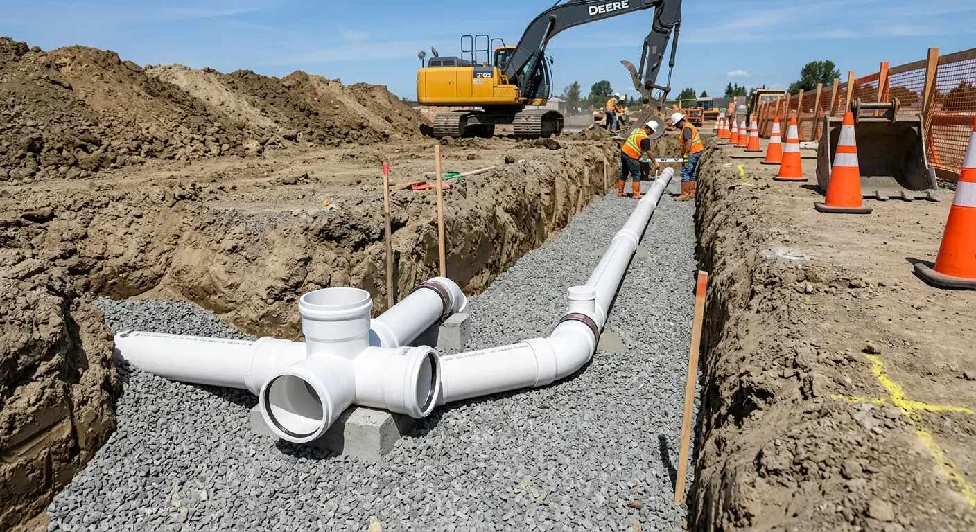 New PVC sewer pipe installation in open trench for Grease Trap Cleaning in Nebraska City