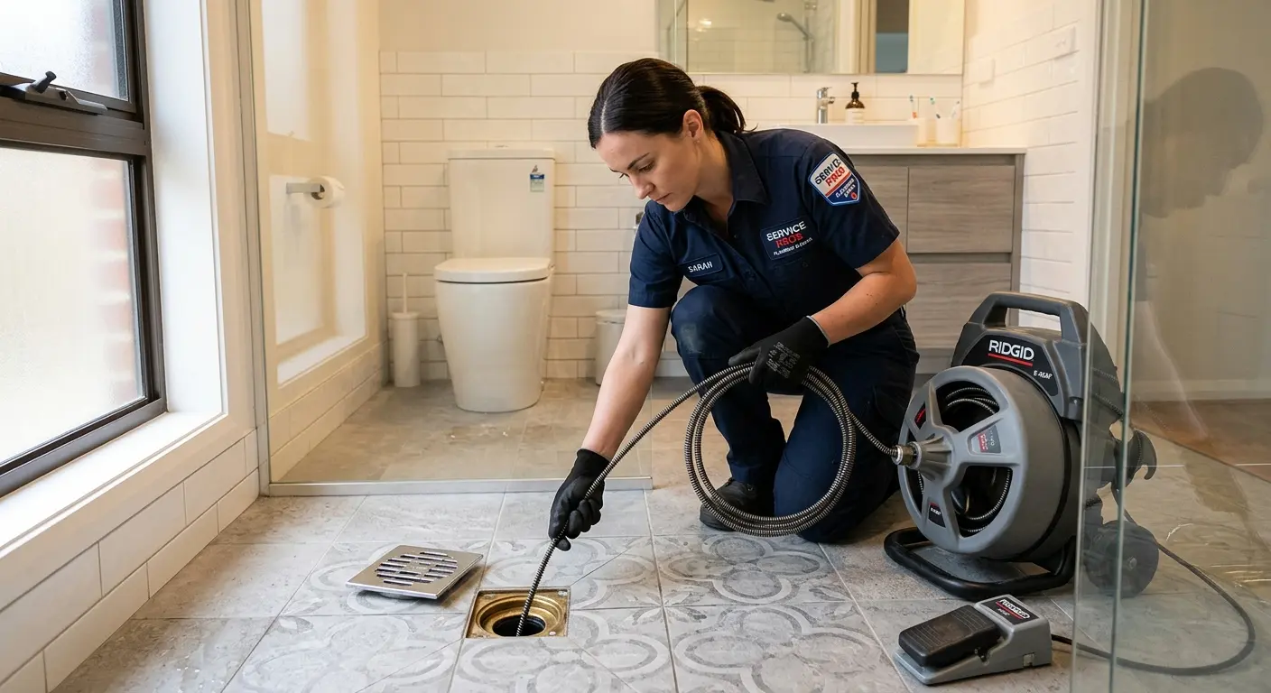 Technician clearing a bathroom floor drain for Sewer Line Replacement in Nebraska City
